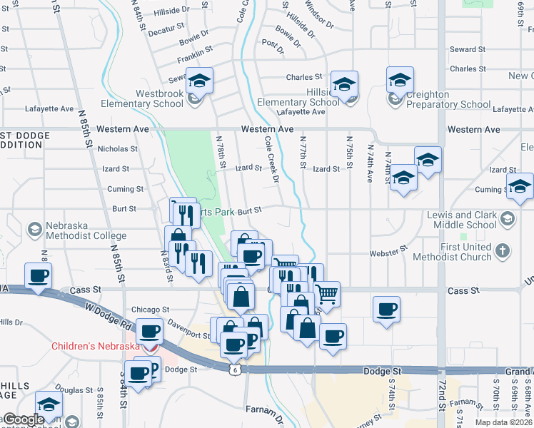 map of restaurants, bars, coffee shops, grocery stores, and more near 7739 Burt Street in Omaha
