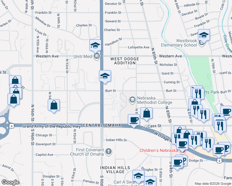 map of restaurants, bars, coffee shops, grocery stores, and more near 701 North 89th Plaza in Omaha
