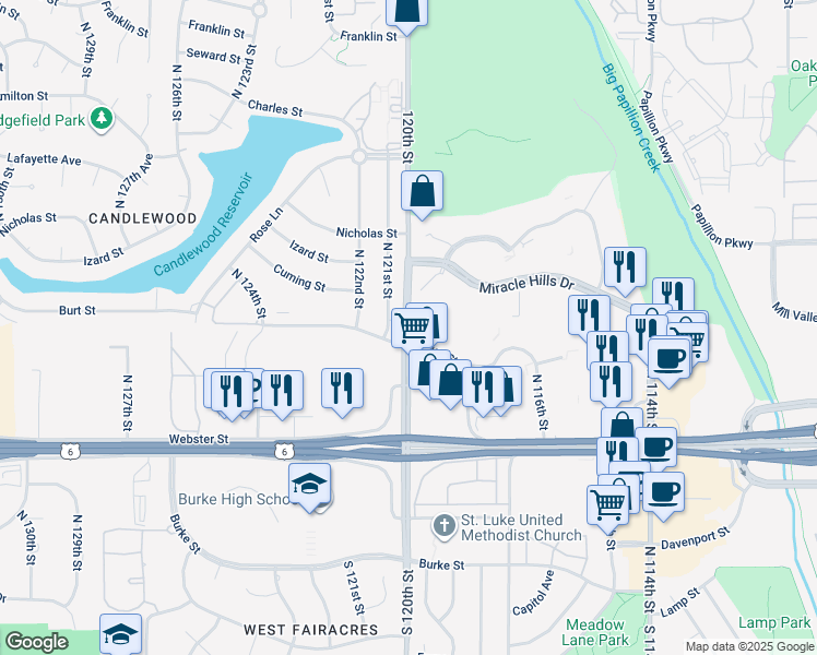 map of restaurants, bars, coffee shops, grocery stores, and more near in Omaha