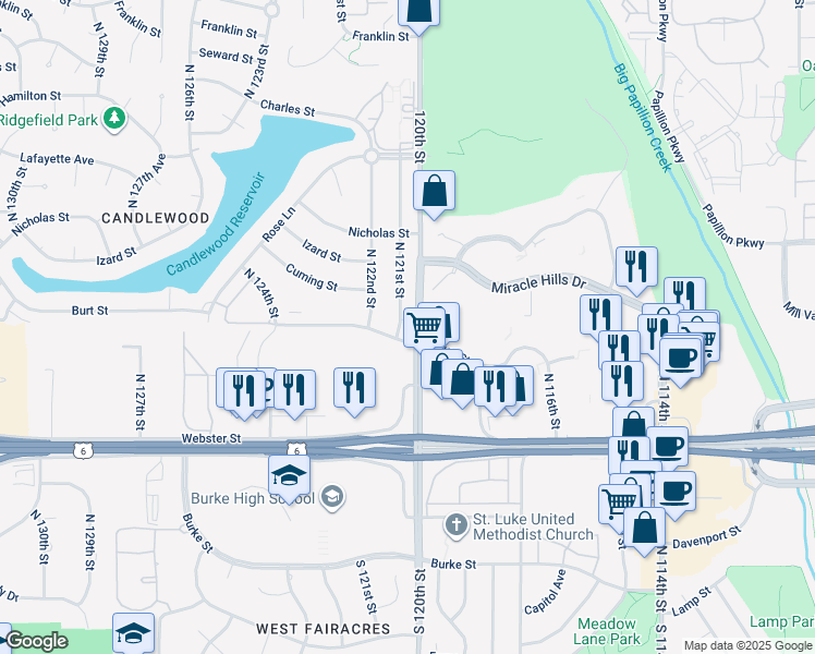 map of restaurants, bars, coffee shops, grocery stores, and more near in Omaha