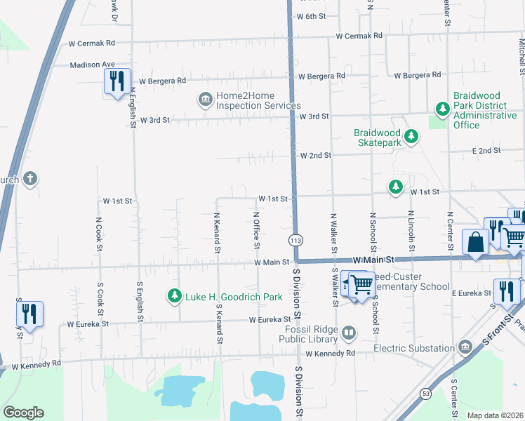 map of restaurants, bars, coffee shops, grocery stores, and more near 179 North Office Street in Braidwood