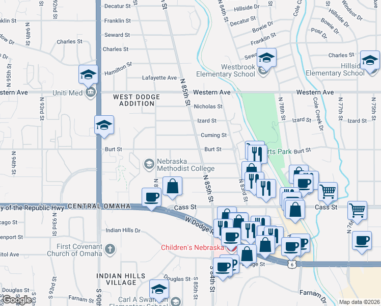 map of restaurants, bars, coffee shops, grocery stores, and more near 8509 Burt Street in Omaha