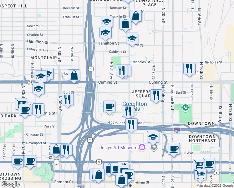 map of restaurants, bars, coffee shops, grocery stores, and more near 2500 California Plaza in Omaha