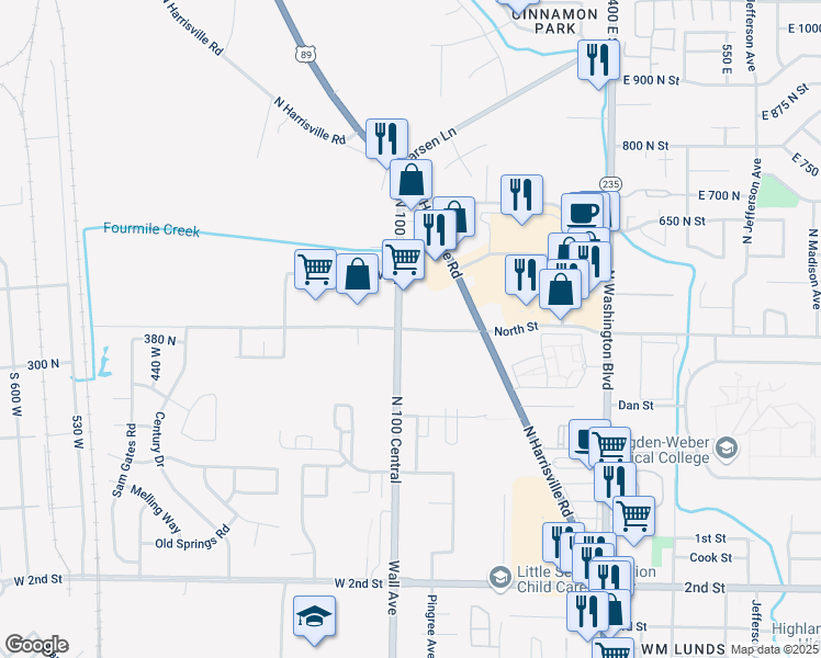 map of restaurants, bars, coffee shops, grocery stores, and more near 393 North Wall Avenue in Ogden