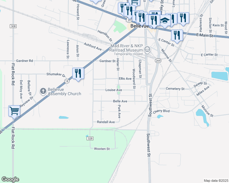 map of restaurants, bars, coffee shops, grocery stores, and more near 305 Louise Avenue in Bellevue