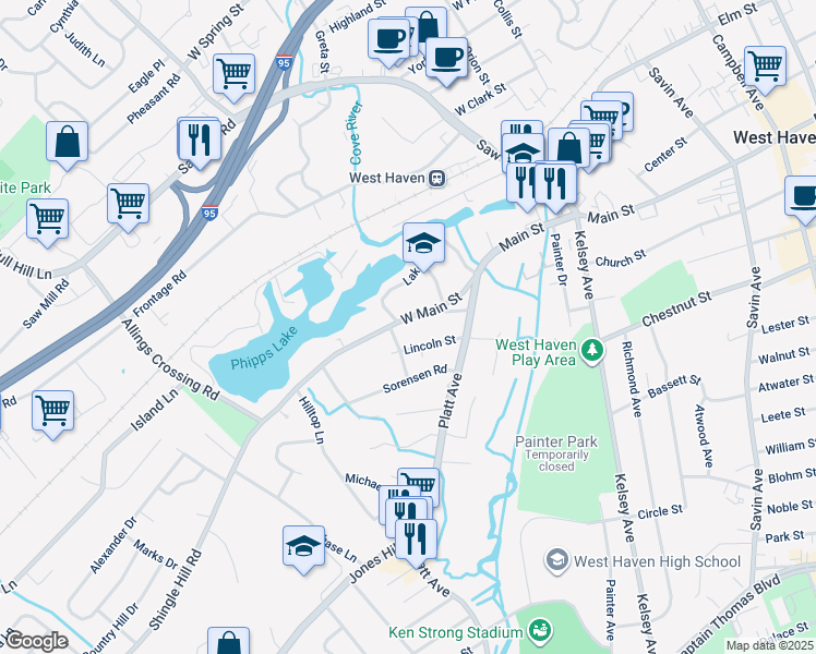 map of restaurants, bars, coffee shops, grocery stores, and more near 714 West Main Street in West Haven