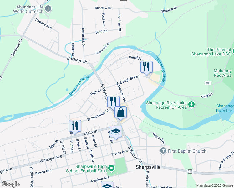map of restaurants, bars, coffee shops, grocery stores, and more near 59 Cedar Street in Sharpsville
