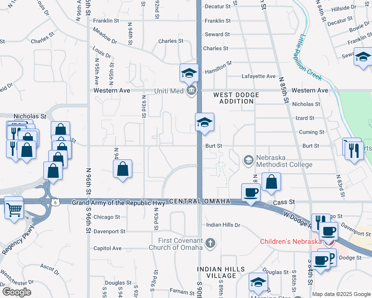 map of restaurants, bars, coffee shops, grocery stores, and more near 9029 Burt Street in Omaha