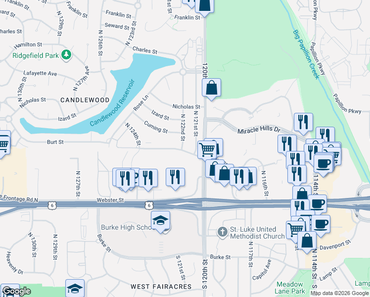 map of restaurants, bars, coffee shops, grocery stores, and more near 12108 Burt Street in Omaha