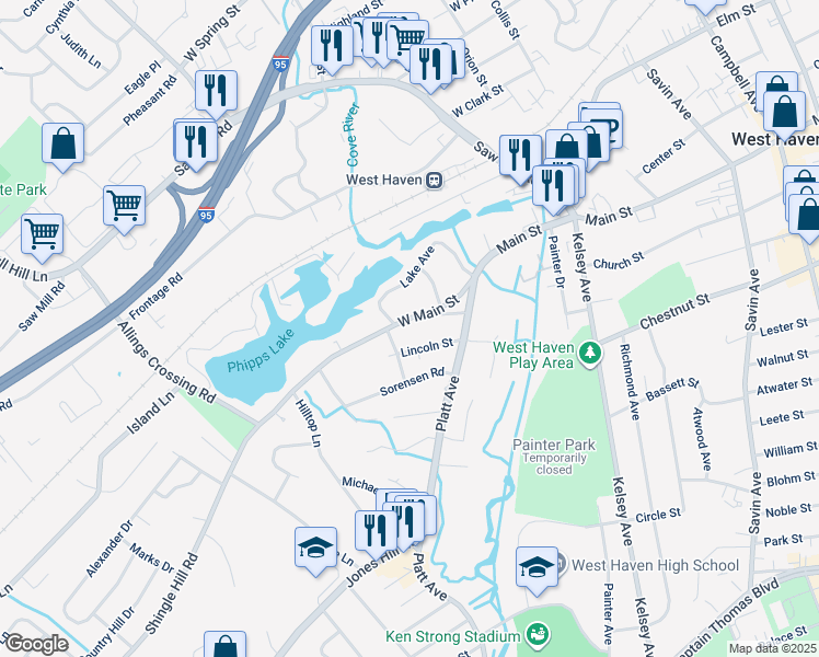 map of restaurants, bars, coffee shops, grocery stores, and more near 714 West Main Street in West Haven