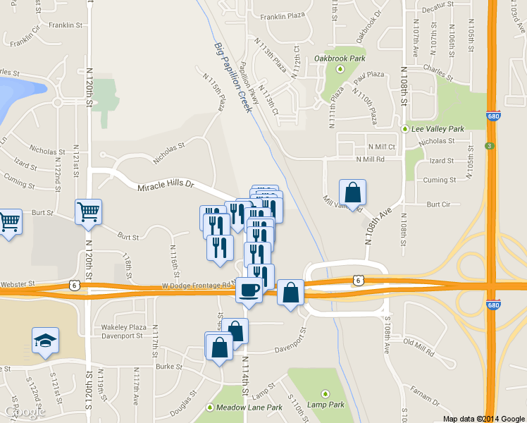 map of restaurants, bars, coffee shops, grocery stores, and more near 835 S 113th Ave Cir in Omaha
