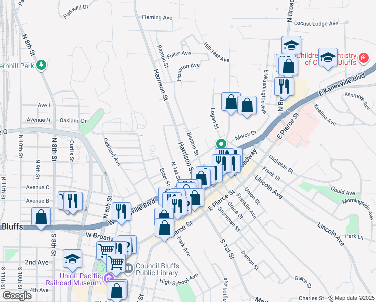 map of restaurants, bars, coffee shops, grocery stores, and more near 208 Benton Street in Council Bluffs
