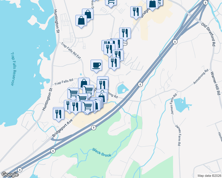 map of restaurants, bars, coffee shops, grocery stores, and more near 2 Armstrong Road in Shelton