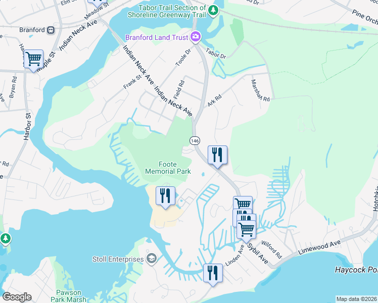 map of restaurants, bars, coffee shops, grocery stores, and more near 115 South Montowese Street in Branford