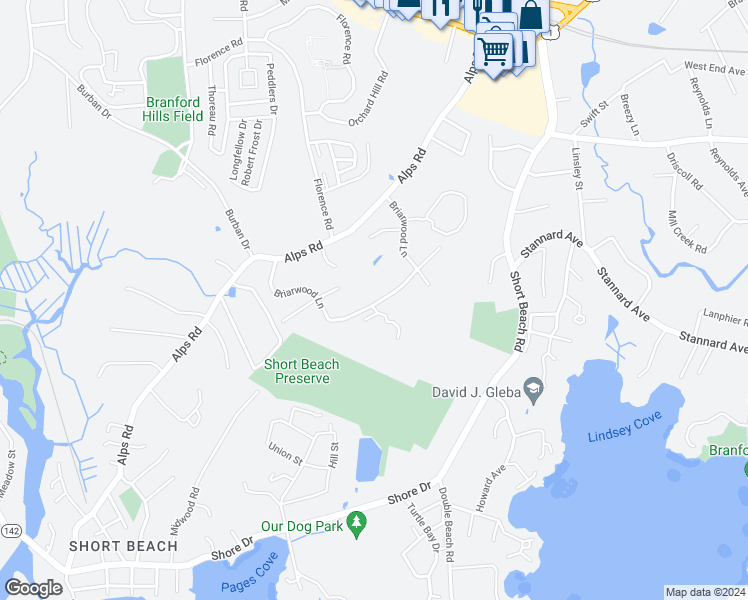 map of restaurants, bars, coffee shops, grocery stores, and more near 40 Briarwood Lane in Branford