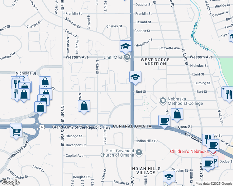 map of restaurants, bars, coffee shops, grocery stores, and more near 9029 Burt Street in Omaha
