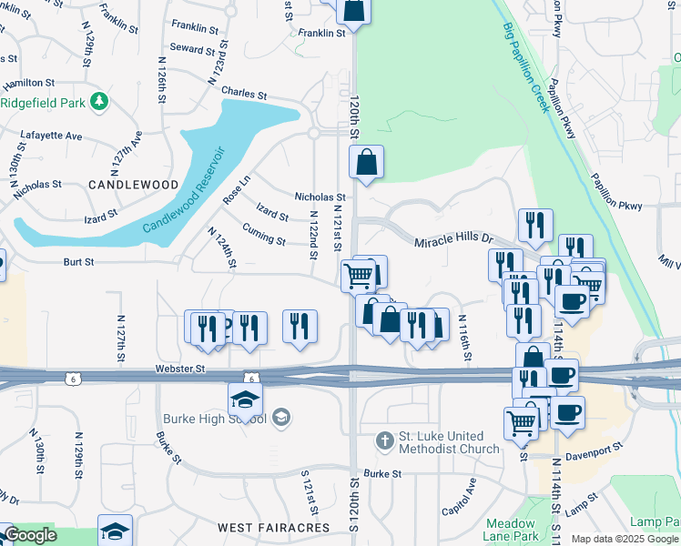 map of restaurants, bars, coffee shops, grocery stores, and more near in Omaha