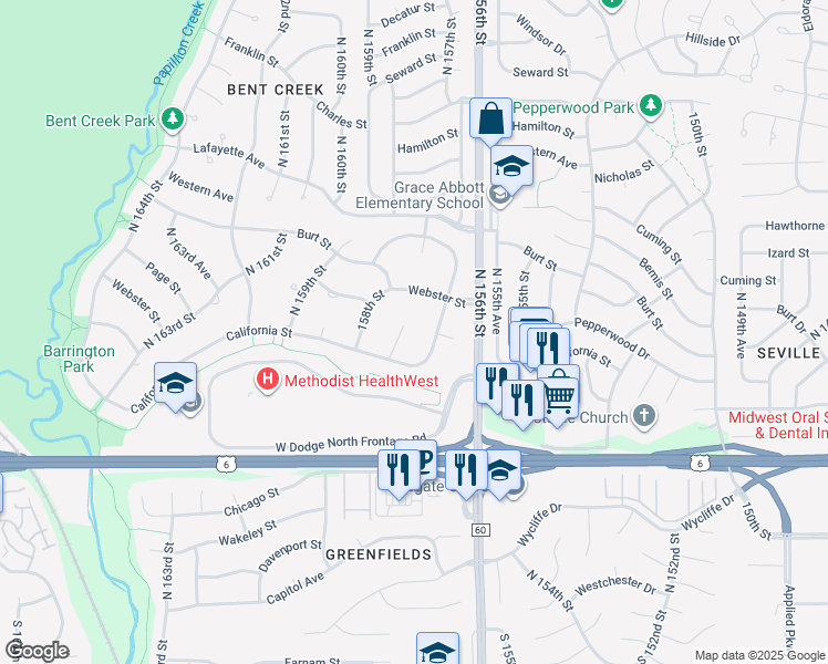 map of restaurants, bars, coffee shops, grocery stores, and more near 629 North 157th Circle in Omaha