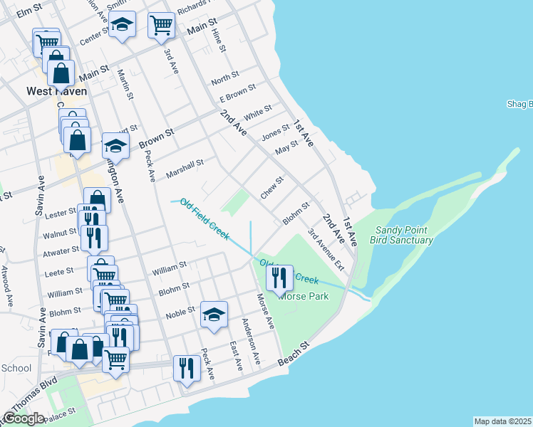 map of restaurants, bars, coffee shops, grocery stores, and more near 160 3rd Avenue in West Haven
