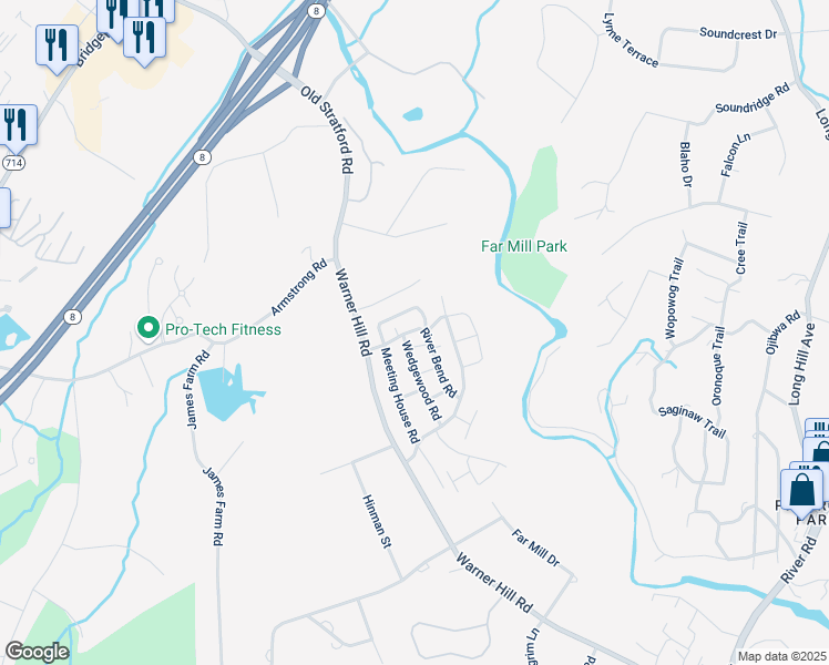 map of restaurants, bars, coffee shops, grocery stores, and more near 83 River Bend Road in Stratford
