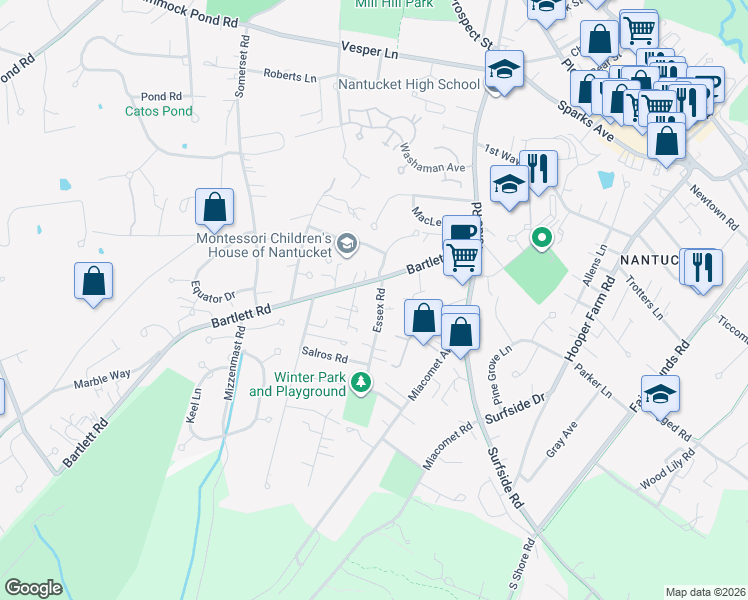 map of restaurants, bars, coffee shops, grocery stores, and more near 12 Essex Road in Nantucket