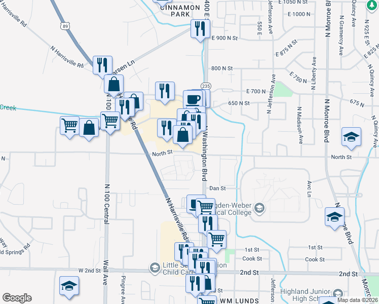 map of restaurants, bars, coffee shops, grocery stores, and more near 346 North Street in Ogden