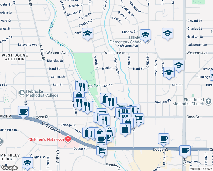 map of restaurants, bars, coffee shops, grocery stores, and more near North 77th Avenue in Omaha