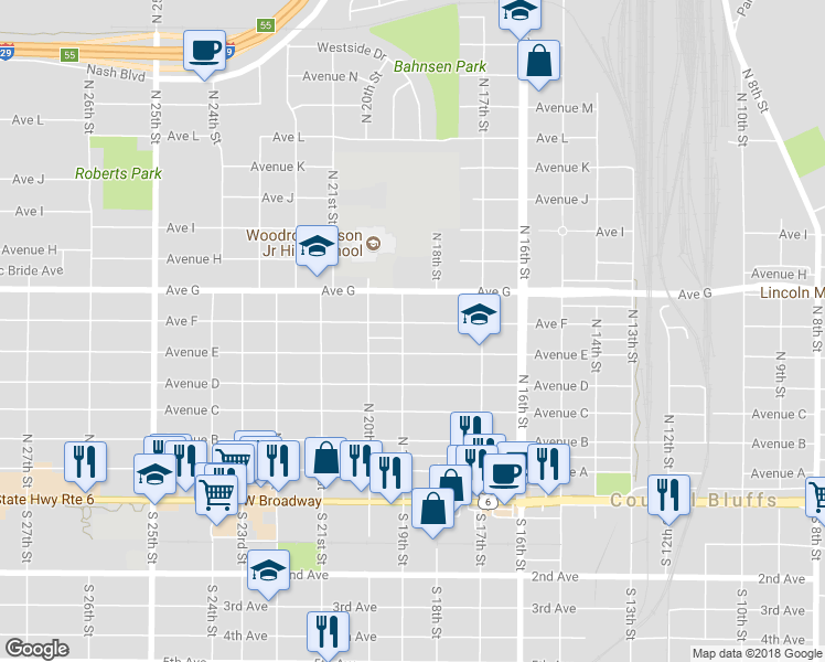 map of restaurants, bars, coffee shops, grocery stores, and more near 1825 Avenue F in Council Bluffs
