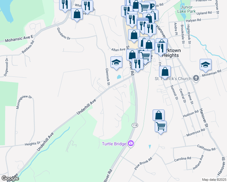 map of restaurants, bars, coffee shops, grocery stores, and more near 11 Woods Brooke Lane in Yorktown Heights