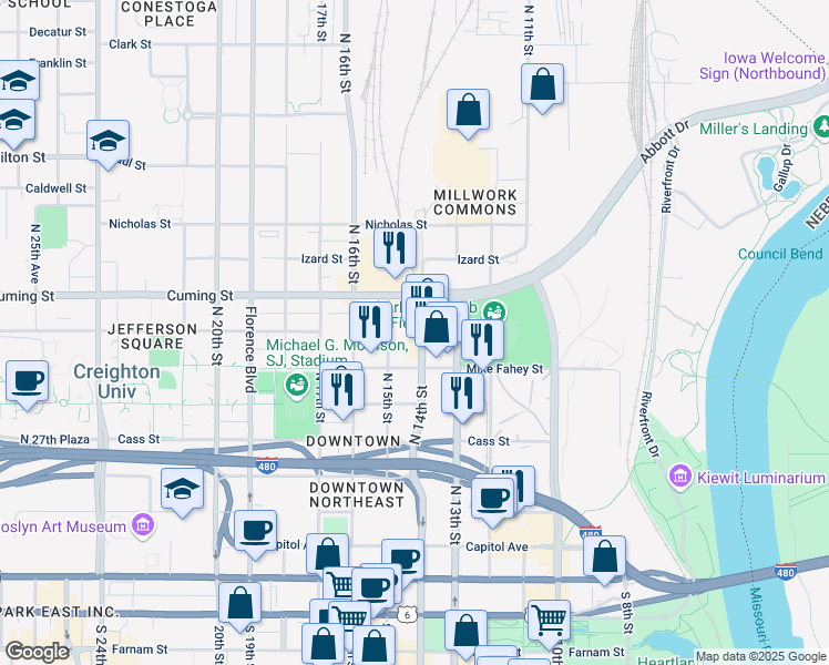 map of restaurants, bars, coffee shops, grocery stores, and more near 740 North 14th Street in Omaha