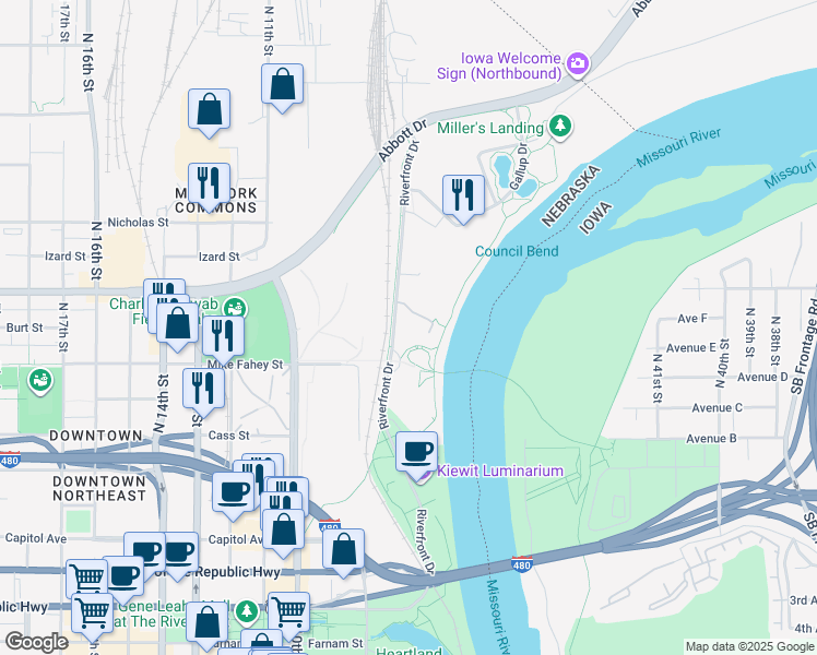 map of restaurants, bars, coffee shops, grocery stores, and more near 727 Riverfront Plaza in Omaha