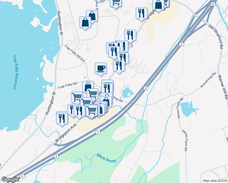 map of restaurants, bars, coffee shops, grocery stores, and more near 2 Armstrong Road in Shelton