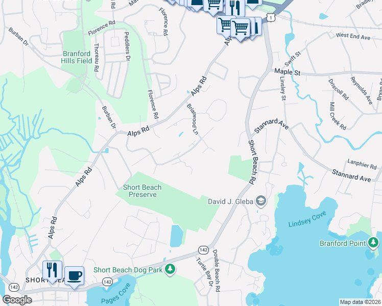 map of restaurants, bars, coffee shops, grocery stores, and more near 40 Briarwood Lane in Branford