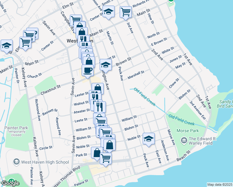 map of restaurants, bars, coffee shops, grocery stores, and more near 263 Washington Avenue in West Haven
