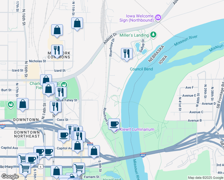 map of restaurants, bars, coffee shops, grocery stores, and more near 727 Riverfront Plaza in Omaha