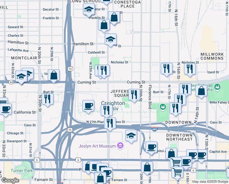 map of restaurants, bars, coffee shops, grocery stores, and more near 601-799 North 23rd Street in Omaha