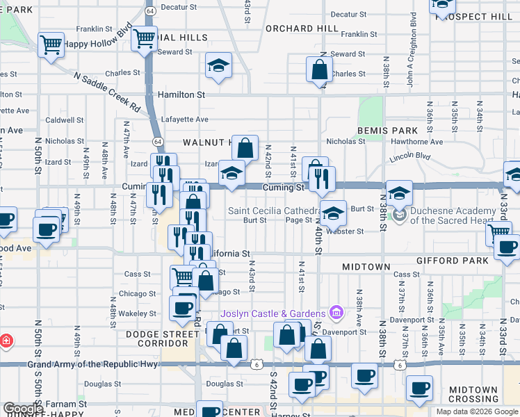 map of restaurants, bars, coffee shops, grocery stores, and more near 801 North 42nd Street in Omaha
