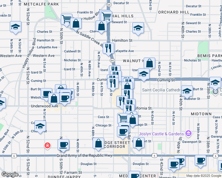map of restaurants, bars, coffee shops, grocery stores, and more near 802 North 46th Street in Omaha