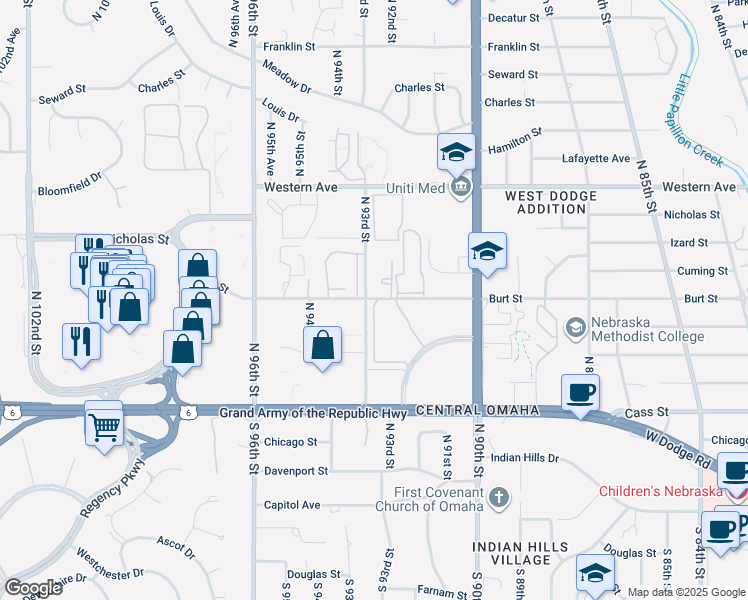 map of restaurants, bars, coffee shops, grocery stores, and more near 712 North 92nd Court in Omaha