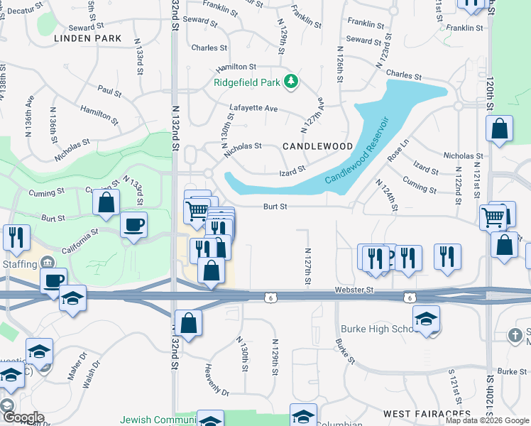 map of restaurants, bars, coffee shops, grocery stores, and more near 12725 Burt Street in Omaha