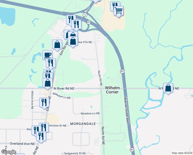 map of restaurants, bars, coffee shops, grocery stores, and more near 2655 North Road Northeast in Warren