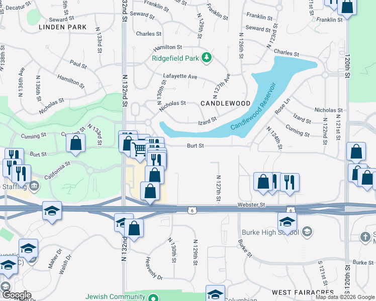 map of restaurants, bars, coffee shops, grocery stores, and more near 12725 Burt Street in Omaha