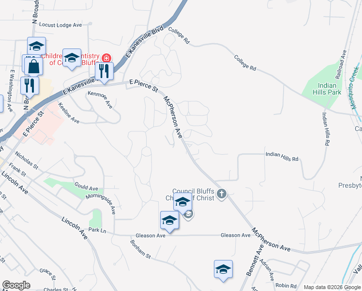 map of restaurants, bars, coffee shops, grocery stores, and more near 1405 McPherson Avenue in Council Bluffs