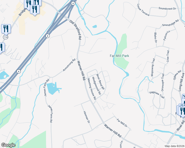 map of restaurants, bars, coffee shops, grocery stores, and more near 83 River Bend Road in Stratford
