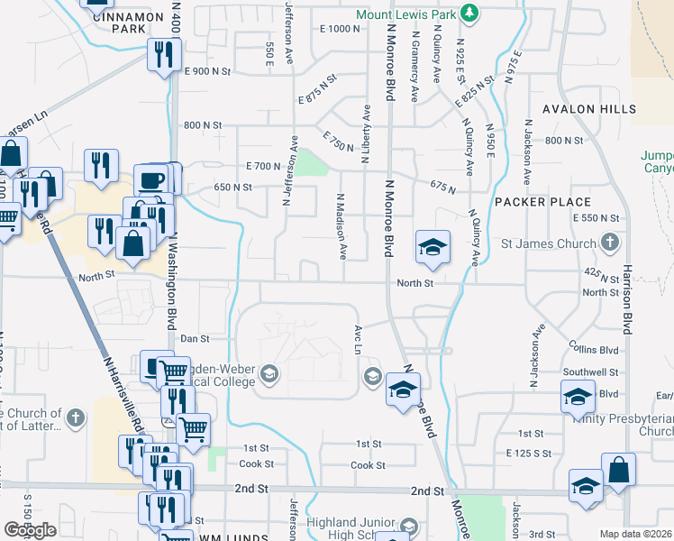 map of restaurants, bars, coffee shops, grocery stores, and more near 421 North Madison Avenue in Ogden