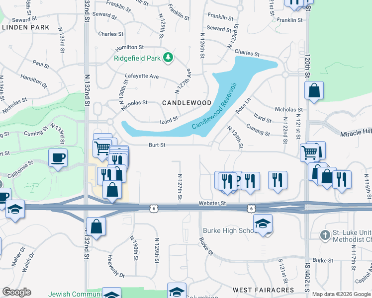 map of restaurants, bars, coffee shops, grocery stores, and more near 12537 Burt Street in Omaha