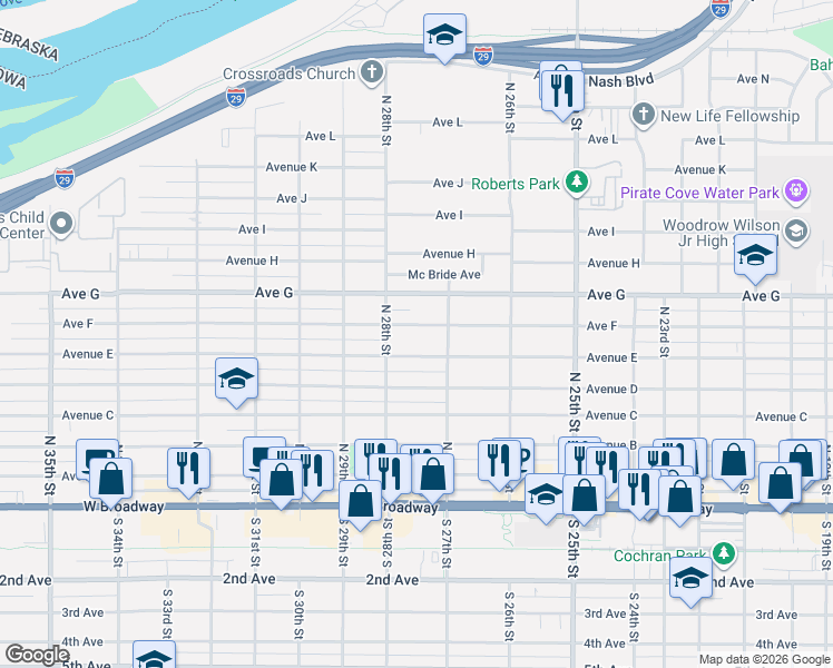 map of restaurants, bars, coffee shops, grocery stores, and more near 2710 Avenue E in Council Bluffs