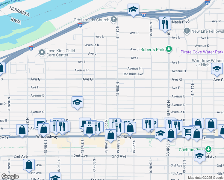 map of restaurants, bars, coffee shops, grocery stores, and more near 2826 Avenue E in Council Bluffs