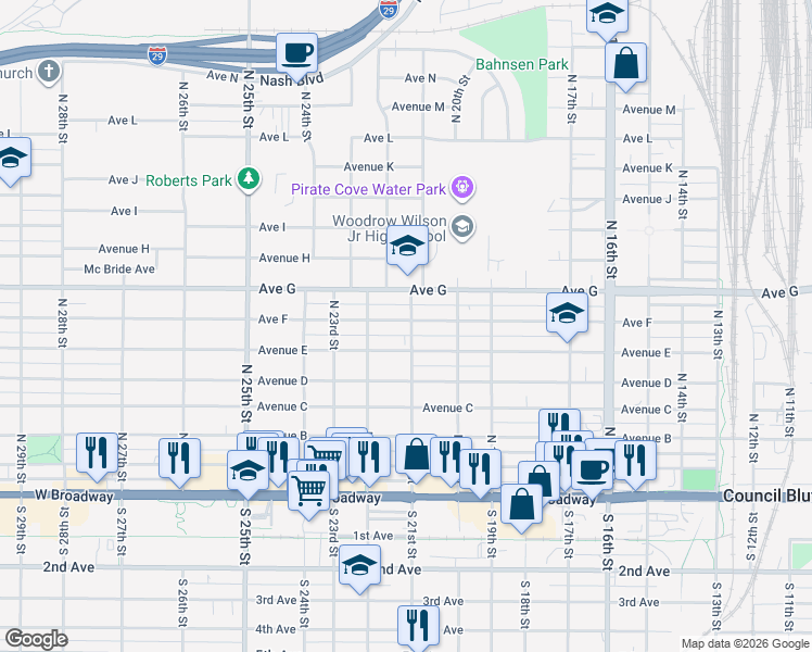 map of restaurants, bars, coffee shops, grocery stores, and more near 2102 Avenue E in Council Bluffs