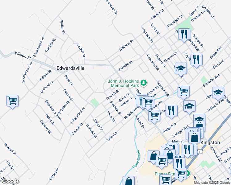 map of restaurants, bars, coffee shops, grocery stores, and more near Church Street in Edwardsville